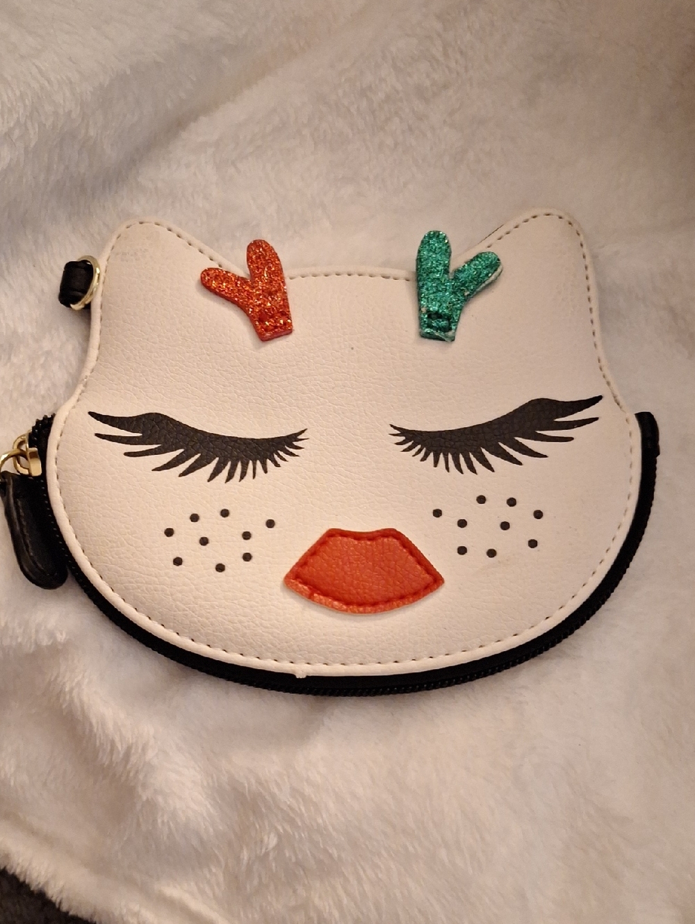 Betsey Johnson White Cat Face Coin Purse with Orange and Teal Glitter Accents